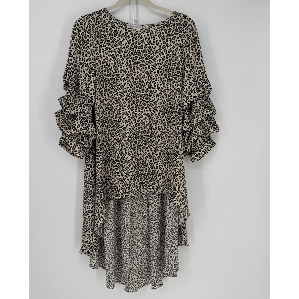 Patrizia Luca Tunic Women Small Tan Leopard Ruffle Sleeve High-Low Chic Mob Wife